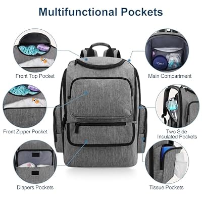 Mancro Diaper Bag Backpack, Baby Diaper Bag with 2 Side Insulated Pockets, Travel Diaper Backpack for Men Women with Stroller Straps, Large Capacity and Waterproof, Grey