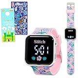 Disney Stitch Watch for Kids - Bundle LCD Digital Watch for Kids with Pink Cartoon Straps Plus Stickers, More | Easy to Read Lilo and Stitch Wristwatch for Girls