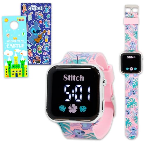 Disney Stitch Watch for Kids - Bundle LCD Digital Watch for Kids with Pink Cartoon Straps Plus Stickers, More | Easy to Read Lilo and Stitch Wristwatch for Girls