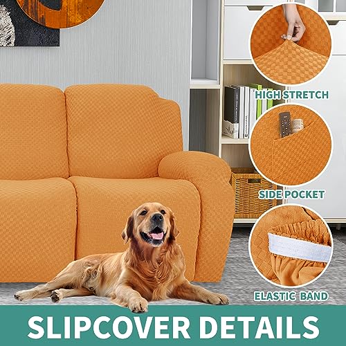 Image of YEMYHOM 4 Pieces Stretch Recliner Slipcover Jacquard Recliner Chair Cover with Side Pocket Anti-Slip Fitted Recliner Cover Couch Furniture Protector with Elastic Bottom (Recliner, Orange)