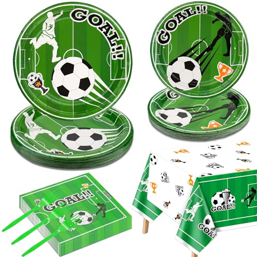 Soccer Party Supplies for 20 Guests, Disposable Tableware Set includes Plates, Napkins, Forks and Tablecloth for Boys Sports Theme Birthday Party Decorations