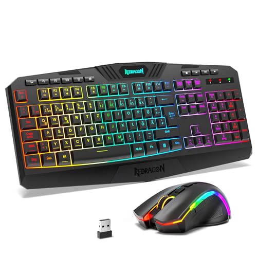 Redragon S101M-KS Kabelloses Gaming Tastatur und Maus mit Tri-Modi QWERTZ DE Layout Wiederaufladbarer 4000mAh Akku RGB Tastatur und 4800 DPI Gaming Maus für Wins PC Computer
