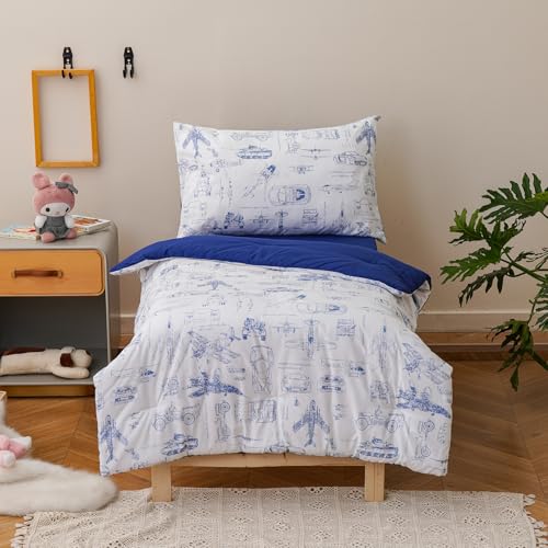 Image of Luxlovery Toddler Comforter Set Cartoon Aircraft Vehicles Printed Kids Children's Blanket White Blue Bed Set for Dorm 4 Pieces (1 Comforter, 1 Flat Sheet, 1 Fitted Sheet, 1 Pillowcase)