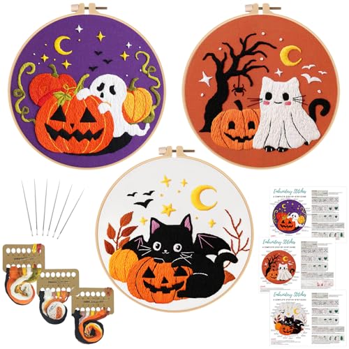Image of Nuberlic Halloween Embroidery Kits - 3 Pack Easy Embroidery kit for Adults Beginners Starter Cross Stitch Kit DIY Needlepoint with Pre-Printed Fabric, Hoop, Thread, Needles & Step-by-Step Guide
