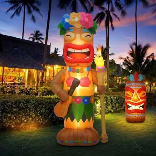 Image of Shappy 5 ft Tiki Inflatable Surfboard for Luau Hawaiian Party Decorations Summer Inflatables Outdoor Built-in LED Blow up Tiki Beach Tropical Aloha Bar Beach Pool Surfing Yard Party Decorations