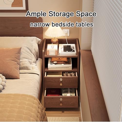 Narrow Solid Wood Nightstand with 2 Drawers & Open Storage, Stylish Bedside Table for Living Room & Bedroom, Functional Sofa Side Table, Modern Design