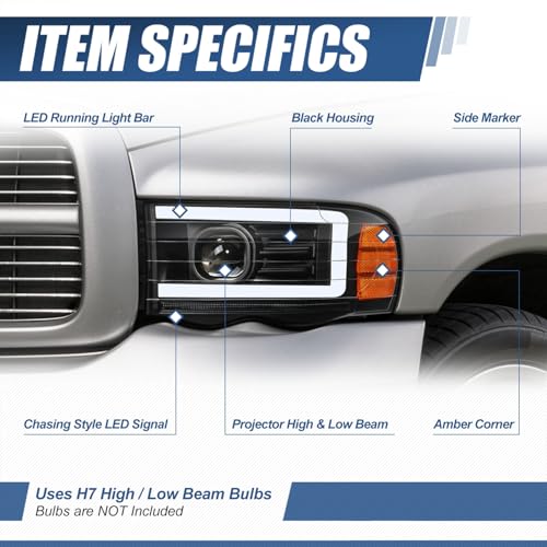 Image of Auto Dynasty LED DRL Headlight for 02-05 Dodge Ram 1500 2500 3500, Black | Auto Dynasty LED DRL Headlight for 02-05 Dodge Ram 1500 2500 3500, Sequential Turn Signal Projector Headlights, Black Amber