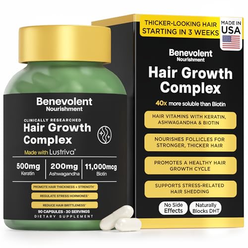 Benevolent Lustriva Hair Growth Supplement Advanced Hair Vitamins with Keratin & Biotin for Thicker-Looking Stronger Strands Support for Stress-Related Thinning in Women & Men USA-Made 90 ct