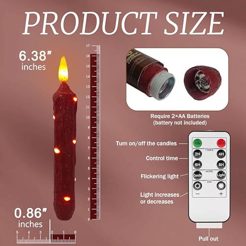 Image of 6.5 Inches Primitive Real Wax LED Flameless Red Short Candlesticks Hand Dipped Battery Operated Candles with Timer Remote Candles for Christmas Vintage Rustic Home Decor, Pack of 4(Red)