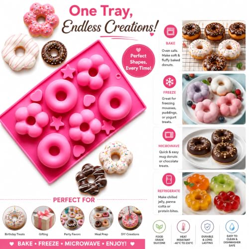 Image of PureBake Silicone Donut Mould Tray for Baking, 6 Cavity, Round & Flower Shape, Non Stick, Mini Cake Pan for Fondants Donuts, Chocolate & Desserts, Random Color, Pack of 1