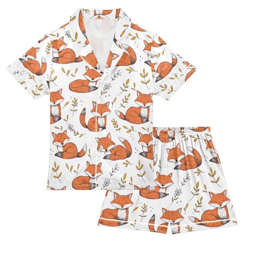 ALAZA Fox Leaves Pajamas Satin Pajama Set Short Sleeve Button Down Sleepwear