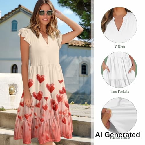 Image of Women's Casual Ruffle Sleeve Dress V Neck Pullover Dress Flowy A-Line Pleated Lightweight Dress with Pockets