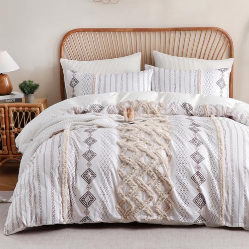 Image of MOVE OVER 100% Cotton Tufted Duvet Cover Set Queen 3 Pieces Beige Boho Chic Farmhouse Bedding Set with Zipper Closure and Ties Western Aztec Comforter Cover All Seasons