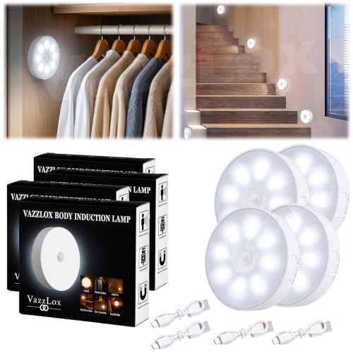 Image of VazzLox Motion Sensor LED Light (White | Pack of 4) Wireless USB Rechargeable Self-Adhesive Motion Sensor Light for Home Indoor Auto On /Off Cabinet Light Wardrobe Lights with Sensor Stairs Night Light