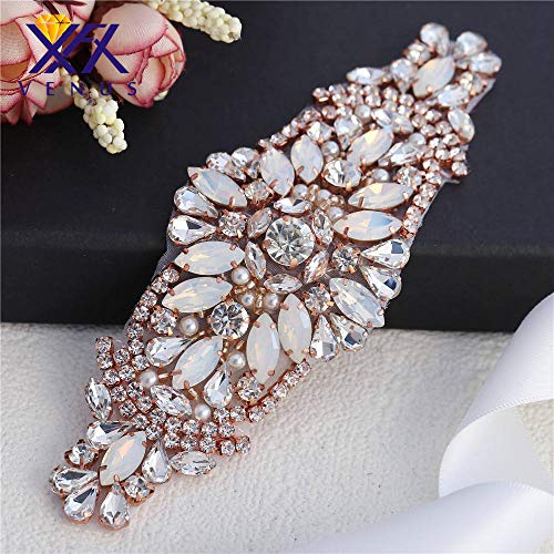 Rhinestone Wedding Dress Applique Sparkly for Bridal Ribbon Belt Iron on Jeweled Crystal Thin Sash Applique for Women Formal Prom Evening Bridesmaid Gown