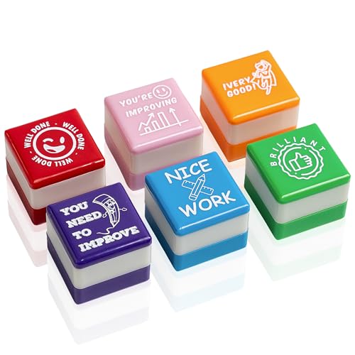 Set de 6 Sellos Cuadrado Motivacionales para Regalo Profesores y Niños, Infantiles, Colores Variados, Seguros y Duraderos, 25mm x 15mm, para Estimulación y Diversión en el Aprendizaje. (6, Inglés)