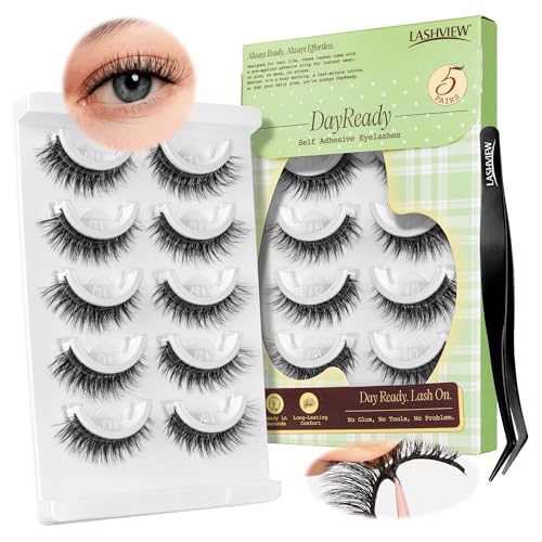 LASHVIEW Self Adhesive Eyelashes Natural Look Press On Lashes No Glue Need Eyelashes Reusable Cat Eye Wispy Self-adhesive False Lashes with Replacement Strips 5 Pairs(CV122)