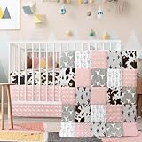 Hahafelt 3 Piece Patchwork Western Crib Bedding Set for Boys Girls Cow Cactus Print Baby Bedding Barnyard Western Nursery Decor Soft Baby Bed Set Includes Quilt Fitted Crib Sheet Bed Skirt (Cowgirls)