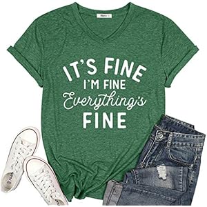KIKIBERRY-Womens-Im-Fine-Everything-is-Fine-T-Shirts-Short-Sleeve-Sayings-Casual-Cute-Graphic-Tee-Blouse-Tops KIKIBERRY Women's I'm Fine Everything is Fine T-Shirts Short Sleeve Sayings Casual Cute Graphic Tee Blouse Tops Dark Green X-Large