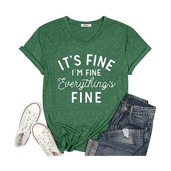 KIKIBERRY-Womens-Im-Fine-Everything-is-Fine-T-Shirts-Short-Sleeve-Sayings-Casual-Cute-Graphic-Tee-Blouse-Tops KIKIBERRY Women's I'm Fine Everything is Fine T-Shirts Short Sleeve Sayings Casual Cute Graphic Tee Blouse Tops Dark Green X-Large