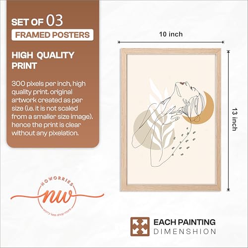 Image of NoWorries Minimalist line art wall Framed Painting Set of 3 | Abstract woman face Prints with Frame | Boho neutral wall decor modern gallery wall set | Scandinavian art prints feminine line drawing | Beige Aesthetic living room, bedroom and office decor contemporary wall art (Art-15, 10x13inch, Wooden)