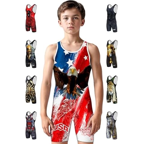 Exxact Sports Sublimated Youth Wrestling Singlet For Boys, Premium Powerlifting Singlet, Kids Wrestling Singlets For Training (YM, Brushy USA) Cover