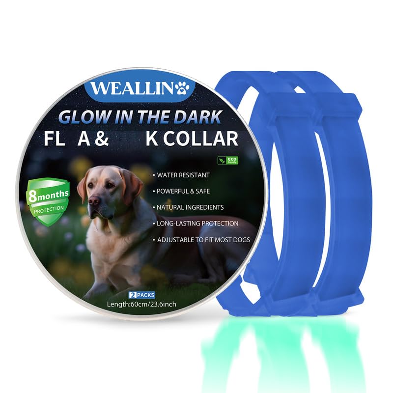 WEALLIN Luminoso Collar Antipulgas Perros, Collar de Pulgas y Garrapatas para Perro, Collares Antiparasitario para Perros Impermeable Regulable con 8 Meses de Protección, Azul (2 Pièces)