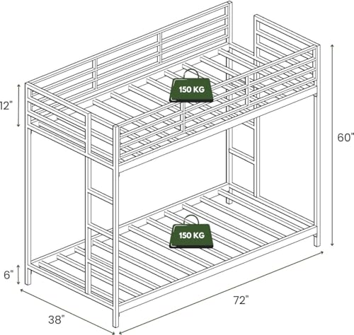 Image of Metal Bunk Bed for Adults and Kids, Sturdy Steel Frame with Guard Rails (3 X 6 Ft) | Grey Finish | Space Saving Design | DIY Assembly for Home and Bedroom