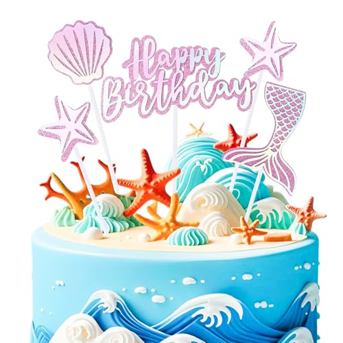 Happy Birthday Cake Topper, 5 Piece Glitter Mermaid Cake Topper Starfish Shell Cake Decorations Suitable for Baby Shower, Wedding, Birthday Party Decorations -Pink