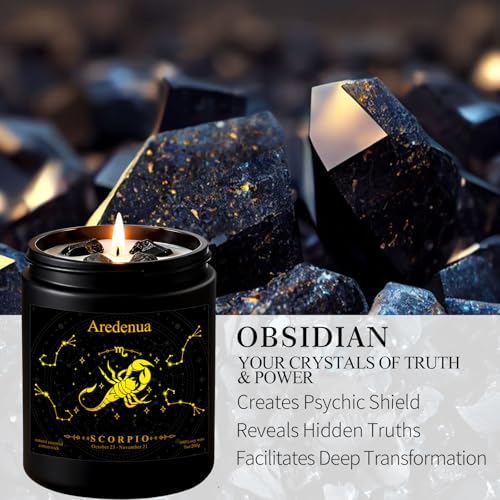 Image of Scorpio Zodiac Candles with Black Obsidian Crystals, Smoky Vanilla | Astrology Scorpio Birthday Gifts for Women Men, Black Gift Box, 7 oz Soy Candle, 50 Hour Burn Time, Black Jar