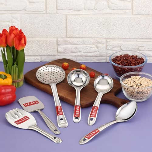 Image of HAZEL Stainless Steel Kitchen Tools Set of 6 - Diwali Gifts: Zara, Rice, Pastry, Ladle, Oval, and Pan Spoon for Festive Cooking