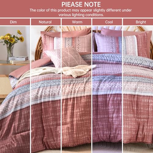 Image of Boho King Comforter Size Set, 8 Pieces Blush Pink Striped Texture Bed in a Bag Bedding Sets, Lightweight Soft Comforter and Sheet Set, All Season Microfiber Teen Boys Bedding Sets for Men Women