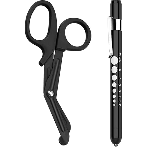 2 Pack Medical Scissors and Penlights for Nurses Medical Supplies with One Medical Pen light, One 6 inches Scissors Trauma Shears for First Aid EMT (Black)
