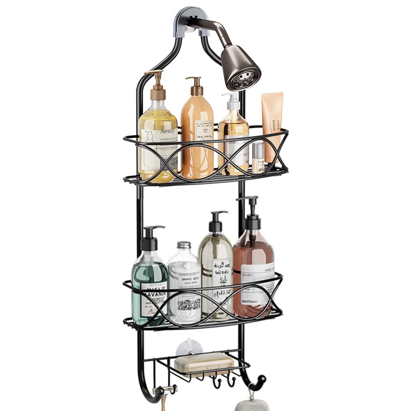 Shower Caddy Hanging Bathroom Organizer, No Drilling Rustproof Shower Shelf Rack Over Shower Head with Shampoo Soap Holders, Large Capacity Shower Hanger with Hooks for Razor/Sponge, Black, Classic