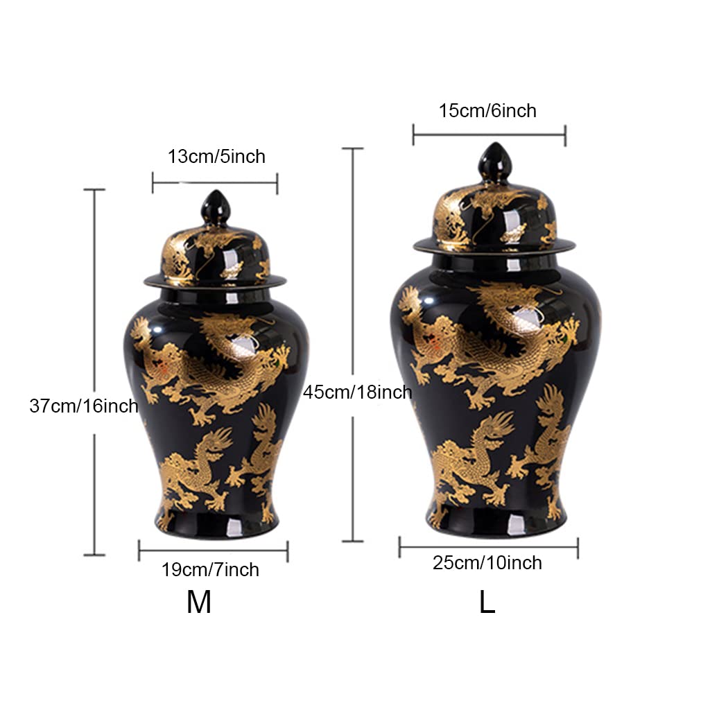 ZHOUXIAO Chinesische Tradition Ingwerglas-Vasen mit Deckel und goldenem Drachenmuster, Porzellanglas, große Keramik-Tempelglas-Vase, Handwerk mit Deckel, dekorativ für Heimdekoration, Schwarz, M