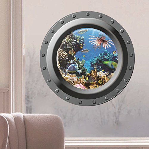 Dnven Porthole Tropical Fishes Decals Under Sea 3D Ocean Window Clings Wall Arts Peel And Stick Window View Decors Removable Undersea World Stickers Boys Room Decor 17 Inches X 17 Inches #TOP1