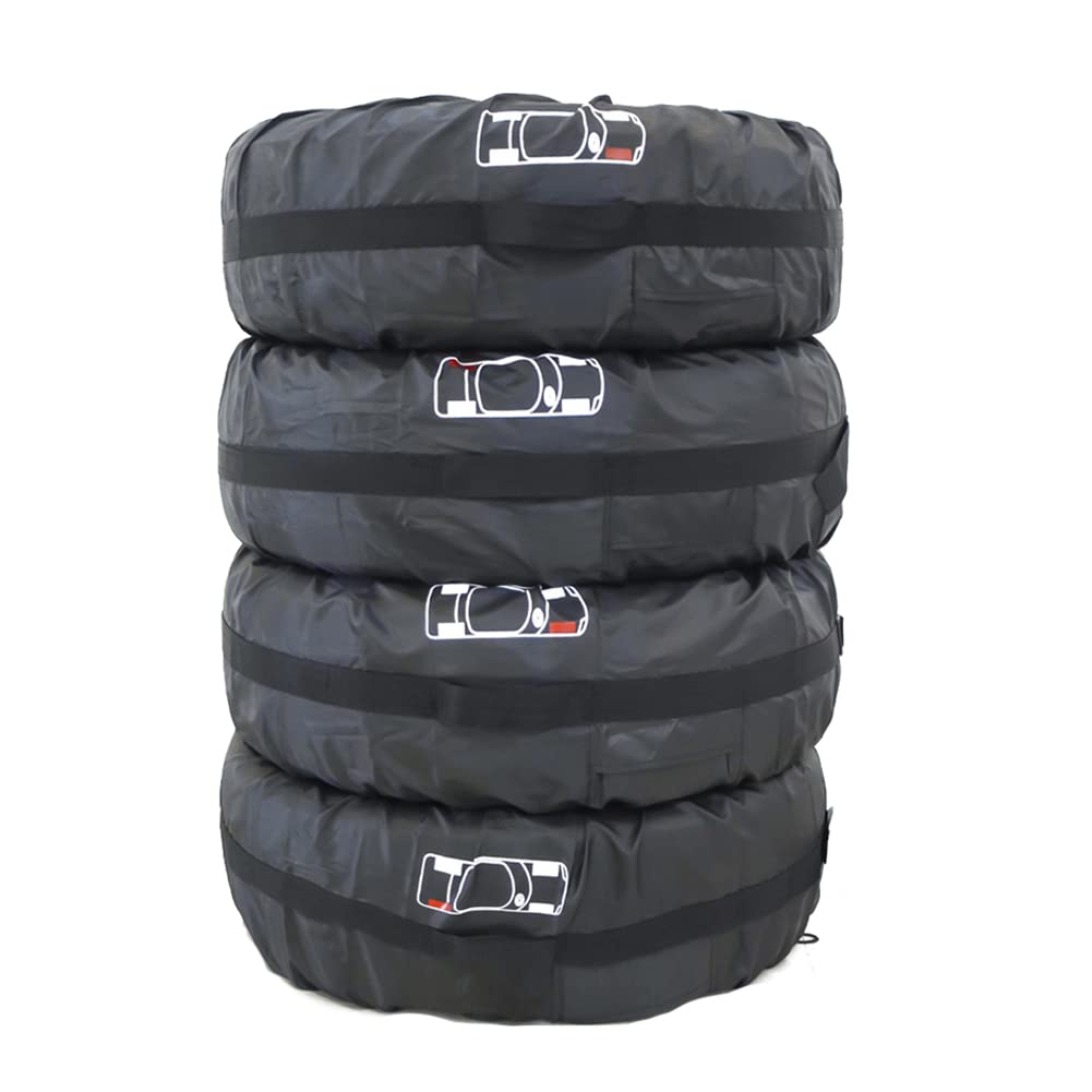 Set of 4 Spare Tire Cover Tote COOSOO Upgraded 420D Version Portable Dustproof Wheel Storage Bag with Handle Easy Transportation for Trailer Truck Camper Auto Universal Fit 17in-30in (BlackRed, L)