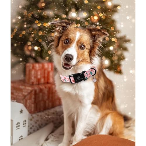 Image of Xmas Dog Collars - Pink Christmas Tree & Santa Dog Collar with Gingerbread- Comfortable, Stylish Pet Collars with Quick Release Buckle for Christmas M