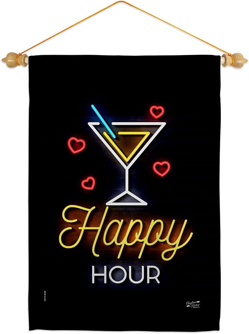 Neon Happy Hour Garden Flag Set Wood Dowel Beverages Party Drinks Celebrate Fun Summer Beach Tropical Small Decorative Gift Yard House Banner Made In USA 13 X 18.5