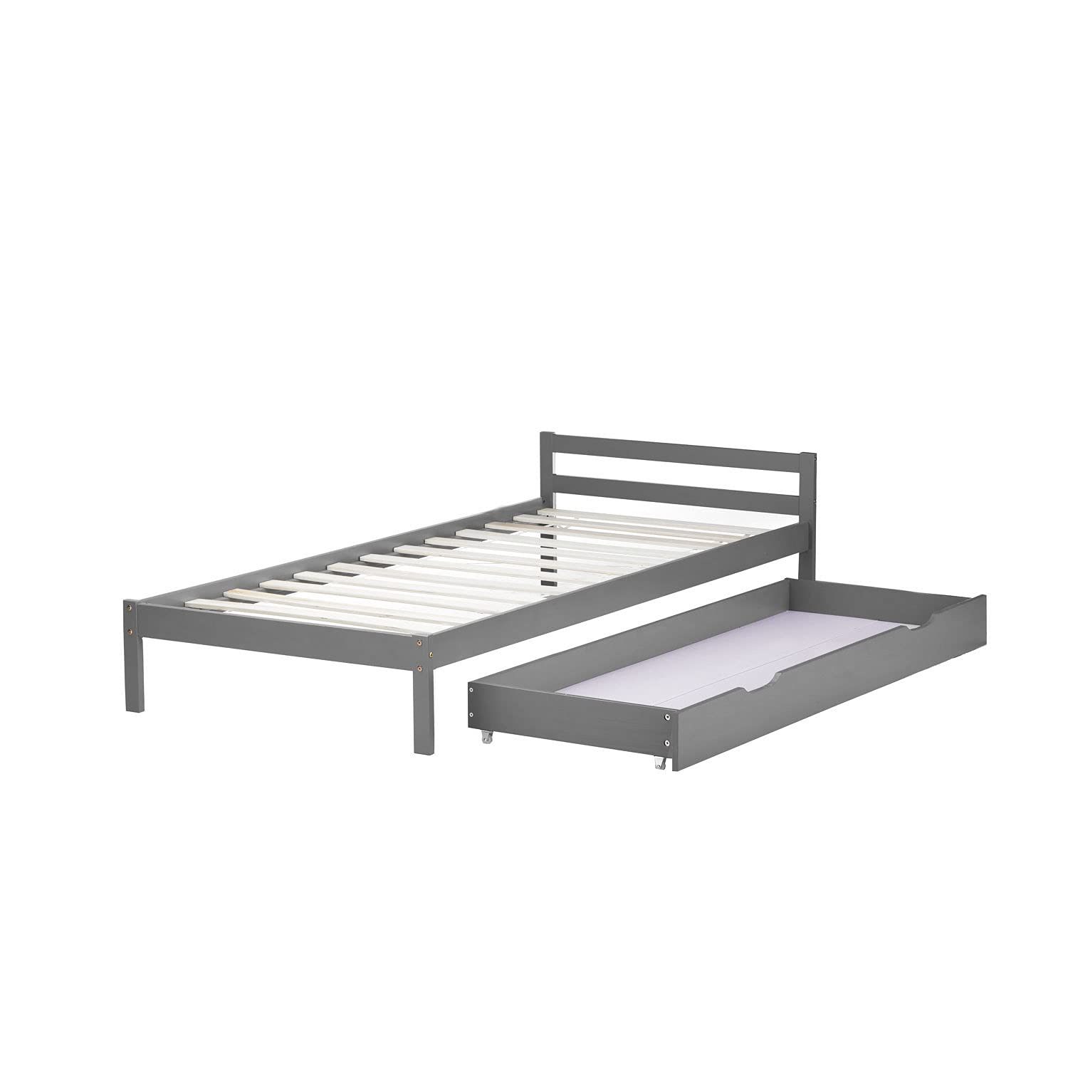 Homestyle4u Bettkasten aus Kiefernholz - Rollbare Bettschublade in Grau | Praktische Unterbettkommode für Stauraum - 173x63x16 cm Bettauszug für Bettwäsche, Kissen und Kleidung
