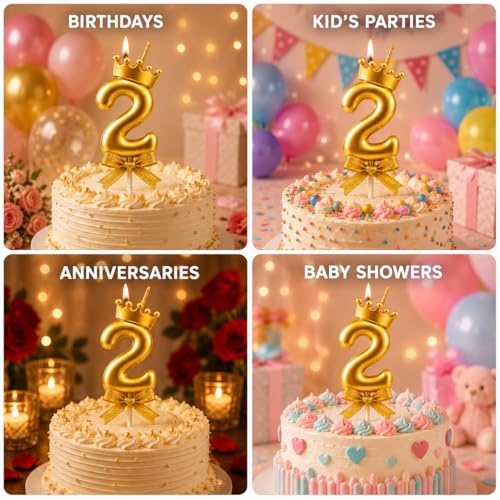 Image of Unscented Number Candles with Crown 3 inch for Birthday Parties, Wedding, Engagement, Celebrations, Theme Party, Bridal Shower, Bachelors Decoration, Gold (Numerical No 2)