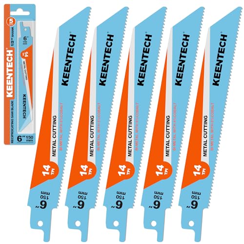 KEENTECH 150mm Bi-Metal Reciprocating Saw Blade 14 TPI for Cutting Sheet Metal Profiles or Piping Compatible with Milwaukee Sawzall and Other Reciprocating Saws (5-Pack)