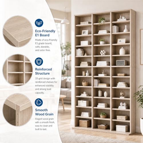 Image of Garvee 11 Tier Tall CD Display Cabinet, 33-Compartment Media Tower, Natural
