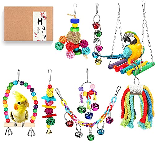 Holahoney Bird Toy, Parrot Toy, Parrot Toy, Parakeet Swing,Colorful Chewing Hanging Swing Rattan Toy Balls, Stop Tree, Chew Toy, Bird Play, Hanging Stress Relief (8PCS Parrot Toys)