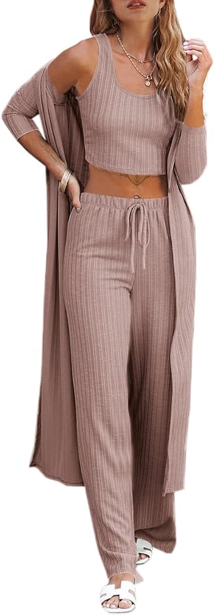 Fessceruna womens pajama set fall winter 3 piece loungewear cardigan crop top loose pants