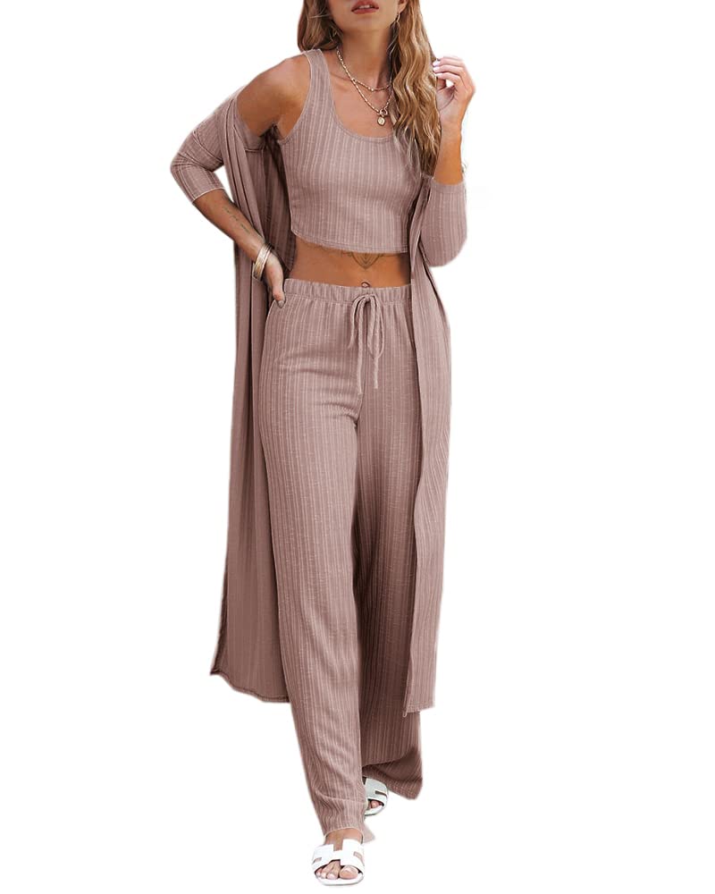 Fessceruna Womens 3 Piece Lounge Sets Pajamas Knit Long Sleeve Cardigan Crop Top Wide Leg Pants Loungewear Set