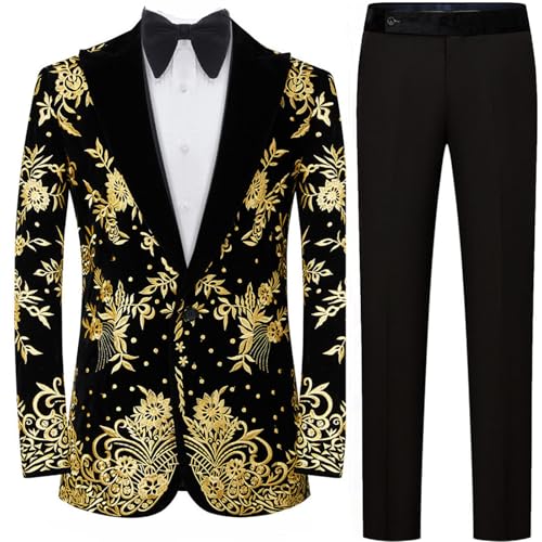 Mens Velvet Tuxedo Suit Set 2 Pieces Gold Embroidered Paisley Blazer Jacket Pants Set for Wedding Prom Cocktail