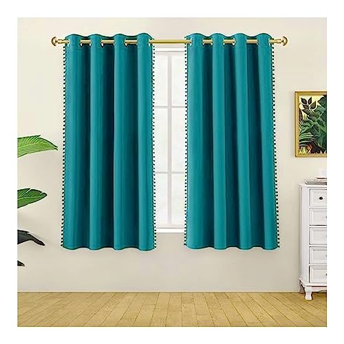 Image of Amazon Brand - Umi Velvet Eyelet Door Curtains with pom pom Lace for Living Room Bedroom Kitchen 1 pc Pack in Deep Teal Color (Windows - 4 feet x 4 feet) | Solid