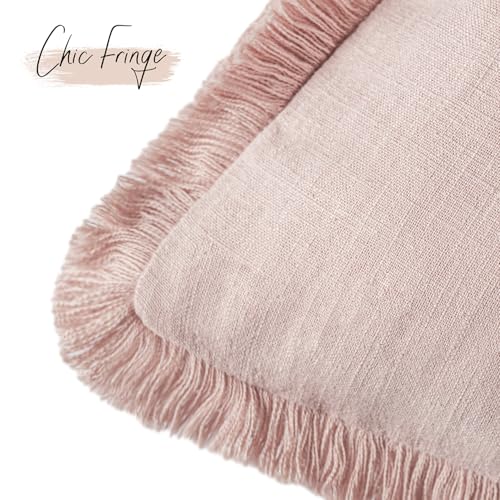 Image of Foindtower Set of 2 Decorative Linen Fringe Throw Pillow Covers Cozy Boho Farmhouse Cushion Cover with Tassels Soft Accent Pillowcase for Couch Sofa Bed Living Room Home Decor,26x26 Inch,Light Pink
