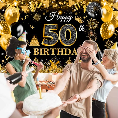 Image of Avezano Happy 50th Birthday Banner for Men Boys Black and Gold Glitter Balloon 50 Birthday Party Backdrop 50 Year Old Bday Photo Backdrop Party Supplies 70.8 x 43.3 Inch